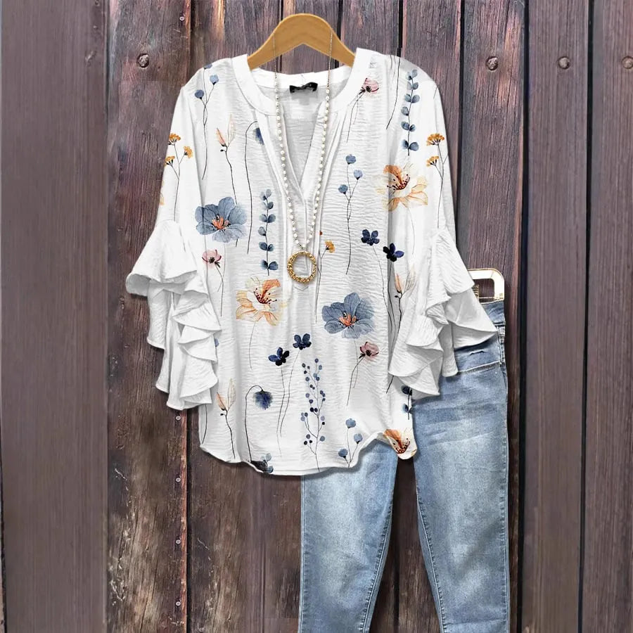 Floral Print Ruffle Bell Sleeve Top