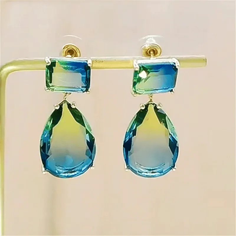 Luxurious blue-green series crystal drop earrings