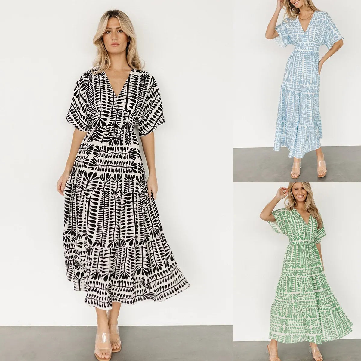 Bohemian Chic: New High-Waisted Short Sleeve Floral Dress(BUY 2 FREE SHIPPING)