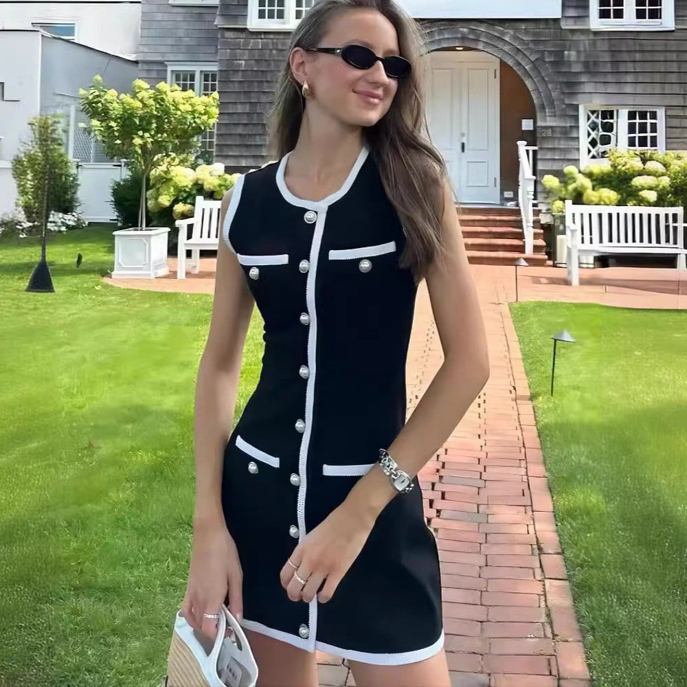 Pearl Button Sleeveless Knit Mini Dress