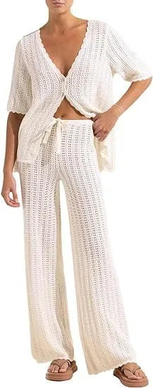 Women's Summer 2-Piece Swimsuit Coverup Crochet Knit Cardigan Tops Long Pants Set Bathing Suit Beach Outfit