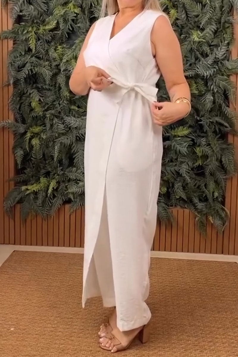 Women's Casual V-neck Cross Tie Sleeveless Jumpsuit