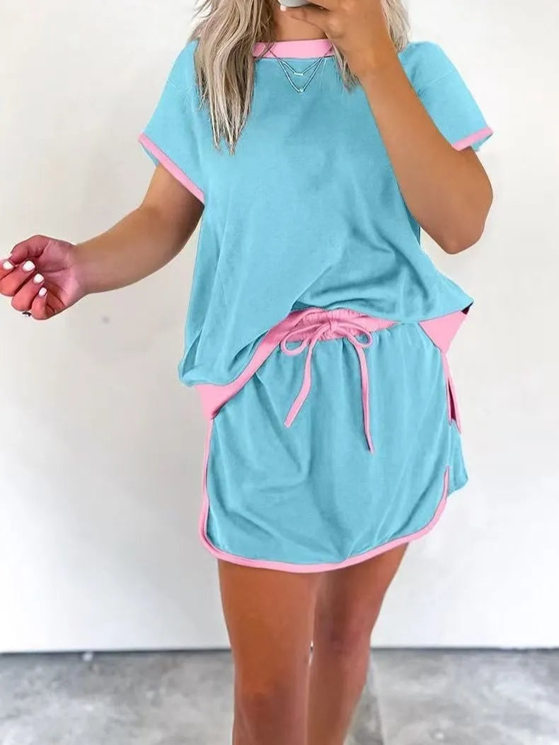 WOMEN'S COLORBLOCK EDGE DROP SHOULDER T-SHIRT SKORT 2PCS SET (BUY 2 FREE SHIPPING)