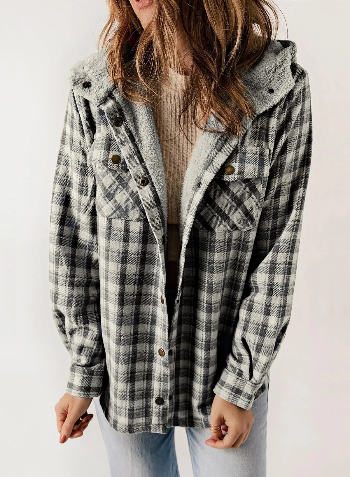 ⏰HOT SALE-WOMEN'S THICKENED FLANNEL LONG SLEEVE PLAID JACKET COAT WITH HOOD