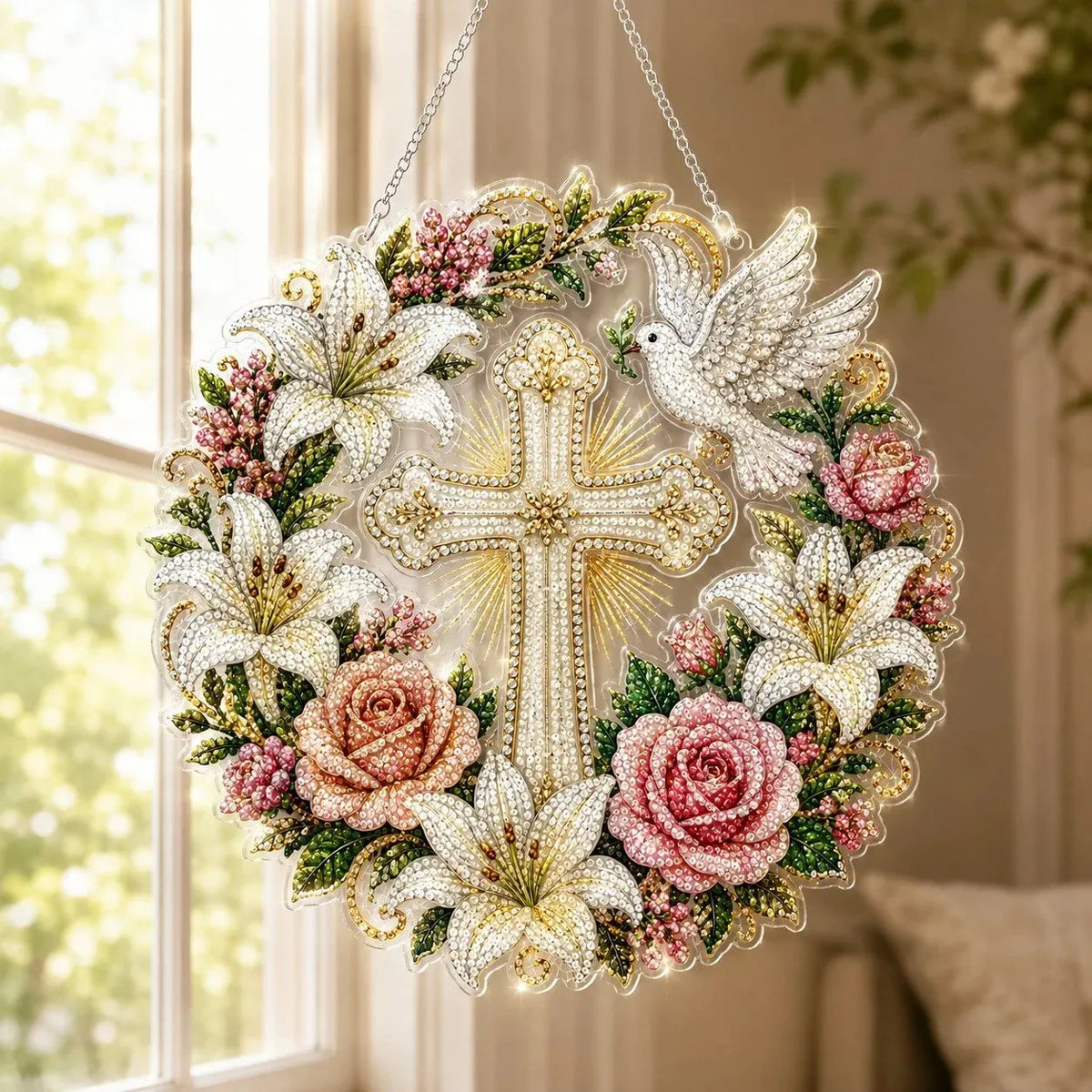 🔥HOT SALE🔥✝️💐Cross, Flowers & Peace Dove Diamond Art Hanging Ornament Kit