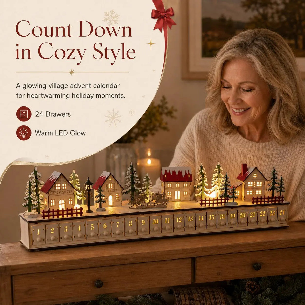 🔥HOT SALE🔥🏡🎁Wooden Village Advent Calendar With Led Glow