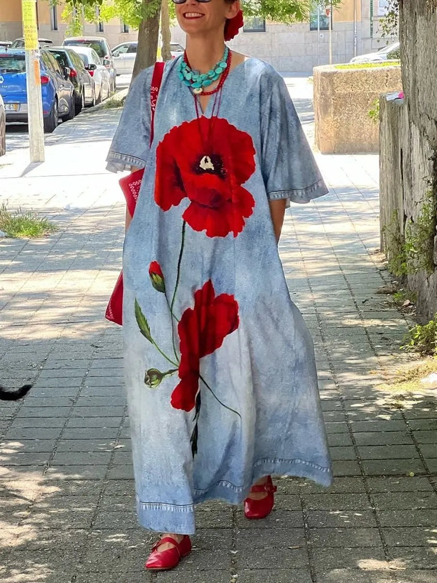 Flower Print Split Neck Loose Maxi Dress