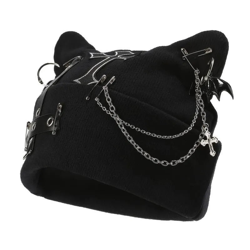 🔥Last Day 49% OFF - 🖤🦇Gothic Cat Ear Beanie with Punk Chain & Bat Charm