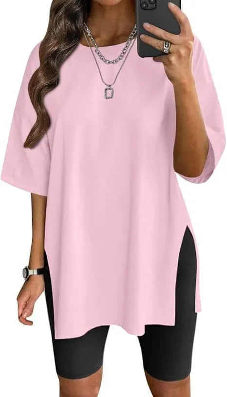 Round neck seven-point sleeve slit casual loose T-shirt💋