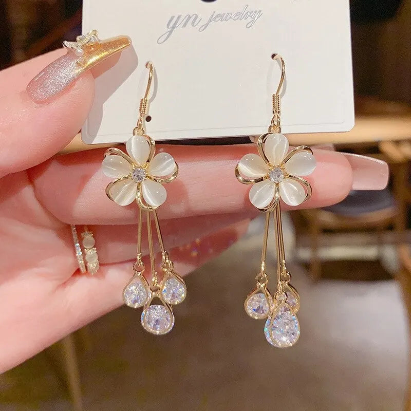 Delicate Zirconia Opal Flower Drop Earrings