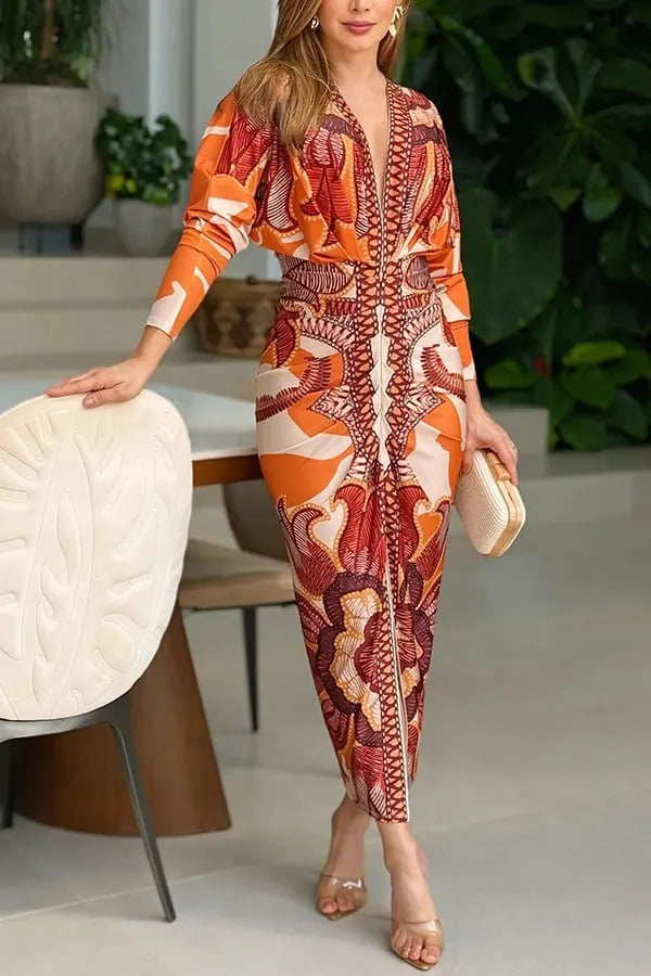 Unique Print Dolman Long Sleeve Ruched Slit Midi Dress Vestidos