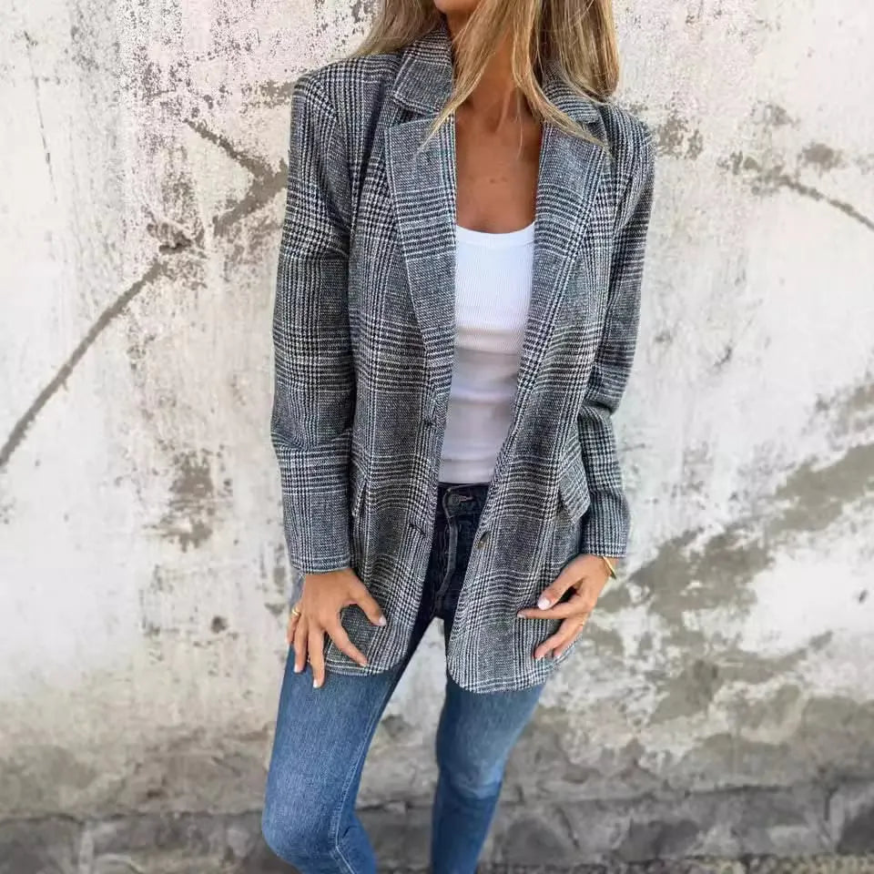 Stylish Retro Houndstooth Lapel Casual Blazer