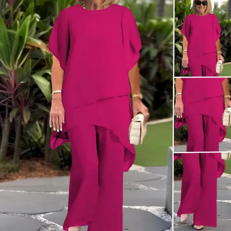 Charming Irregular Top & Wide Leg Pants Chiffon Set