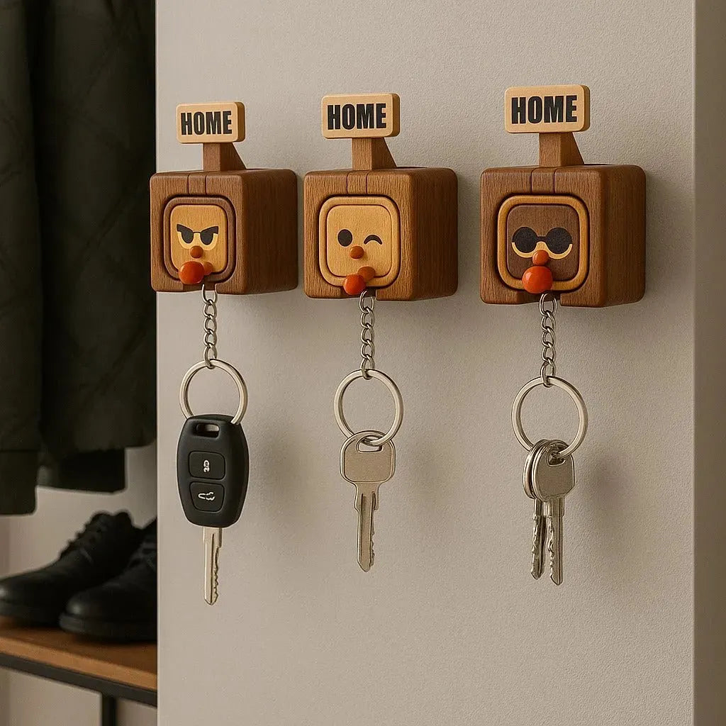 🎉 🔥Hot Selling:Creative Wooden Key Hooks with Funny Facial Expressions - Functional & Stylish Key