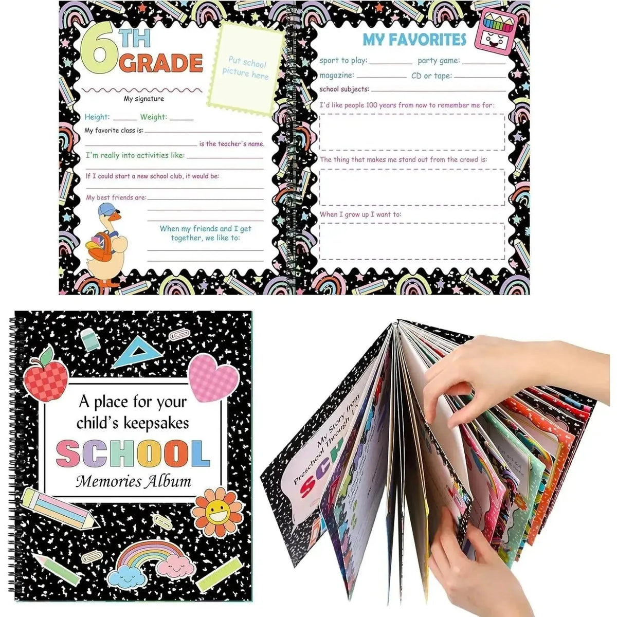 🎉📚School Memory Book Photo Album for Kids,14 Pockets, 34 Pages, 13 Years
