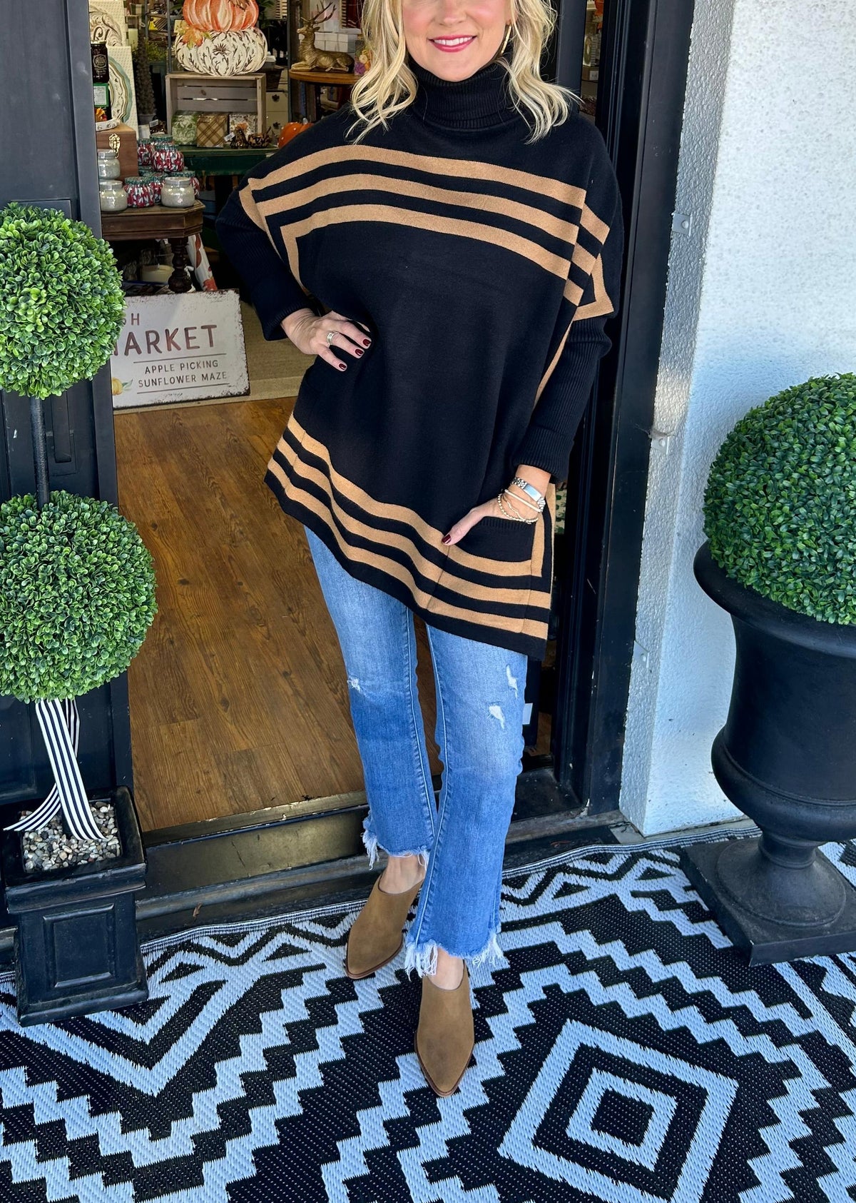 WOMEN'S HIGH NECK BAT SLEEVE STRIPED SWEATER (BUY 2 FREE SHIPPING)