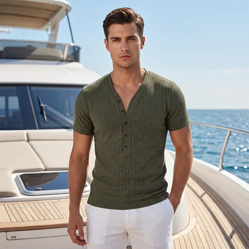 🎉⏰Men's Spring Textured Dual-Color Striped V-Neck Tee 👕 Bold Stripes, Deep V – A Modern Athletic Fit for Training & Beyond ✨