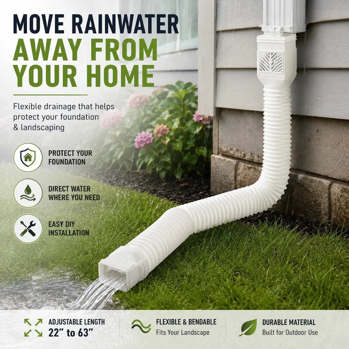 🎉🏡 Flexible Rain Gutter Downspout Extension Kit – Adjustable 22"-63" Drain Pipe with Leaf Filter for Foundation Protection