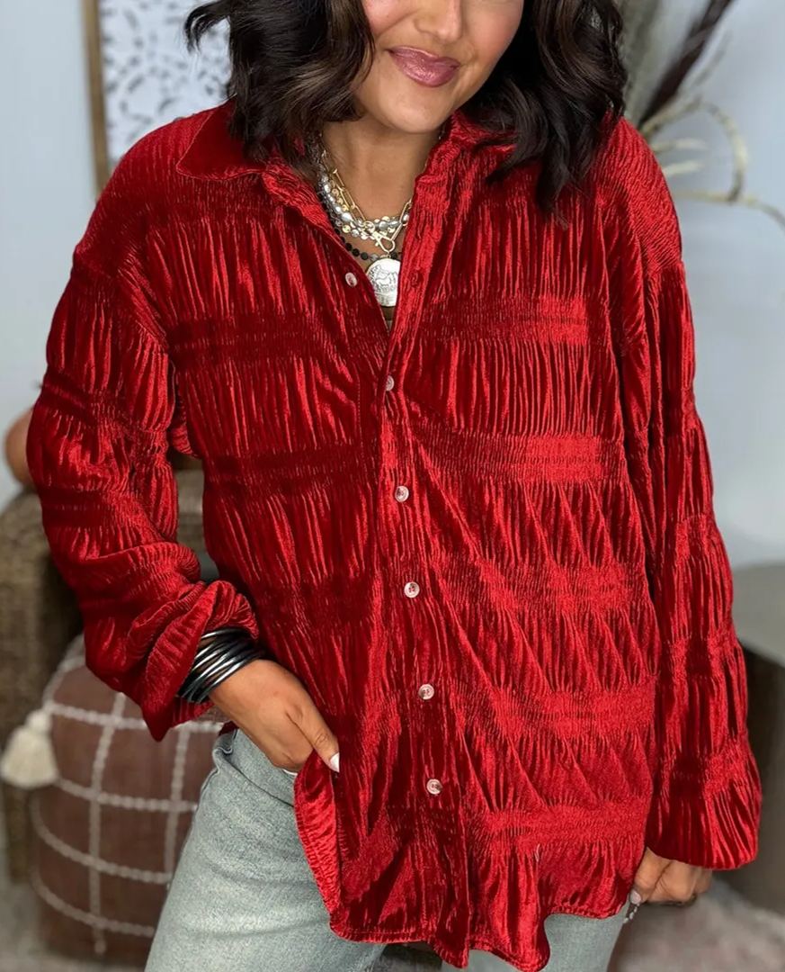 NEW WOMEN'S SHIRRED VELVET BUTTON DOWN TOP (BUY 2 FREE SHIPPING)