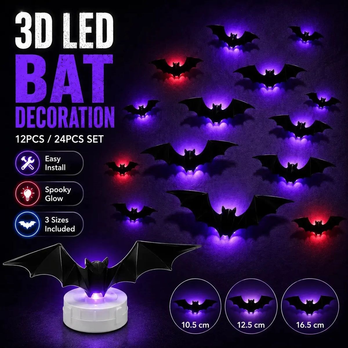 🎉🔥 2026 Hot Sale 3D LED Bat Wall Decorations – 12/24PCS Light-Up Halloween Decor for Walls, Windows & Parties
