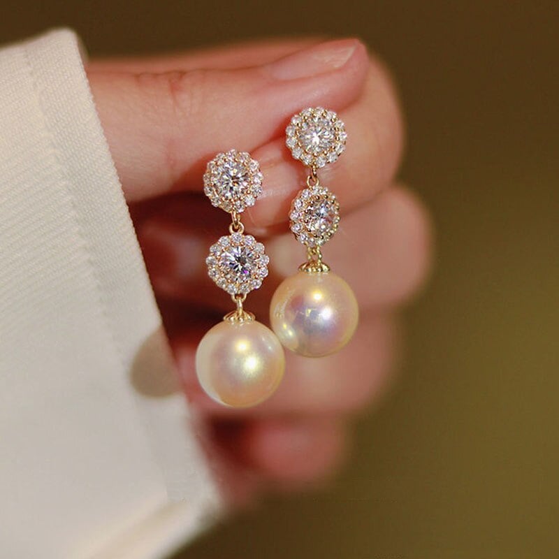 Korean style light luxury pearl flower earrings