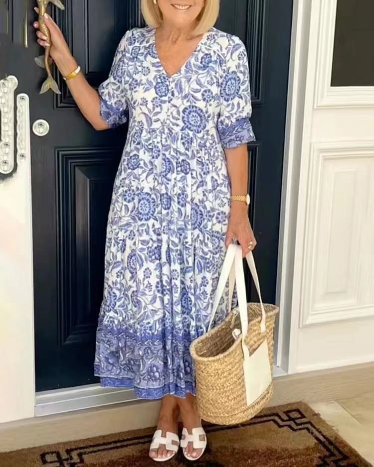 New Large Size V-Neck Floral Dress
