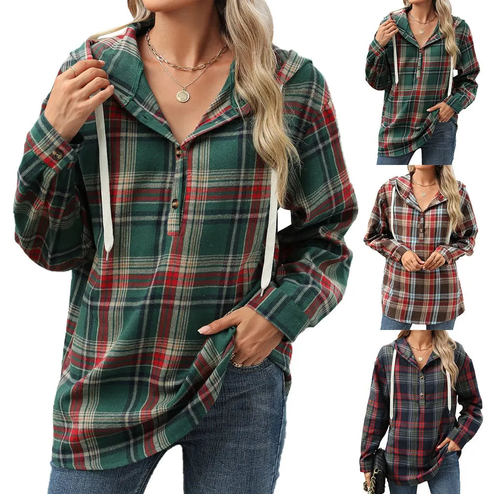 Women Autumn Winter Loose Long Sleeve Hooded Button Plaid Coat