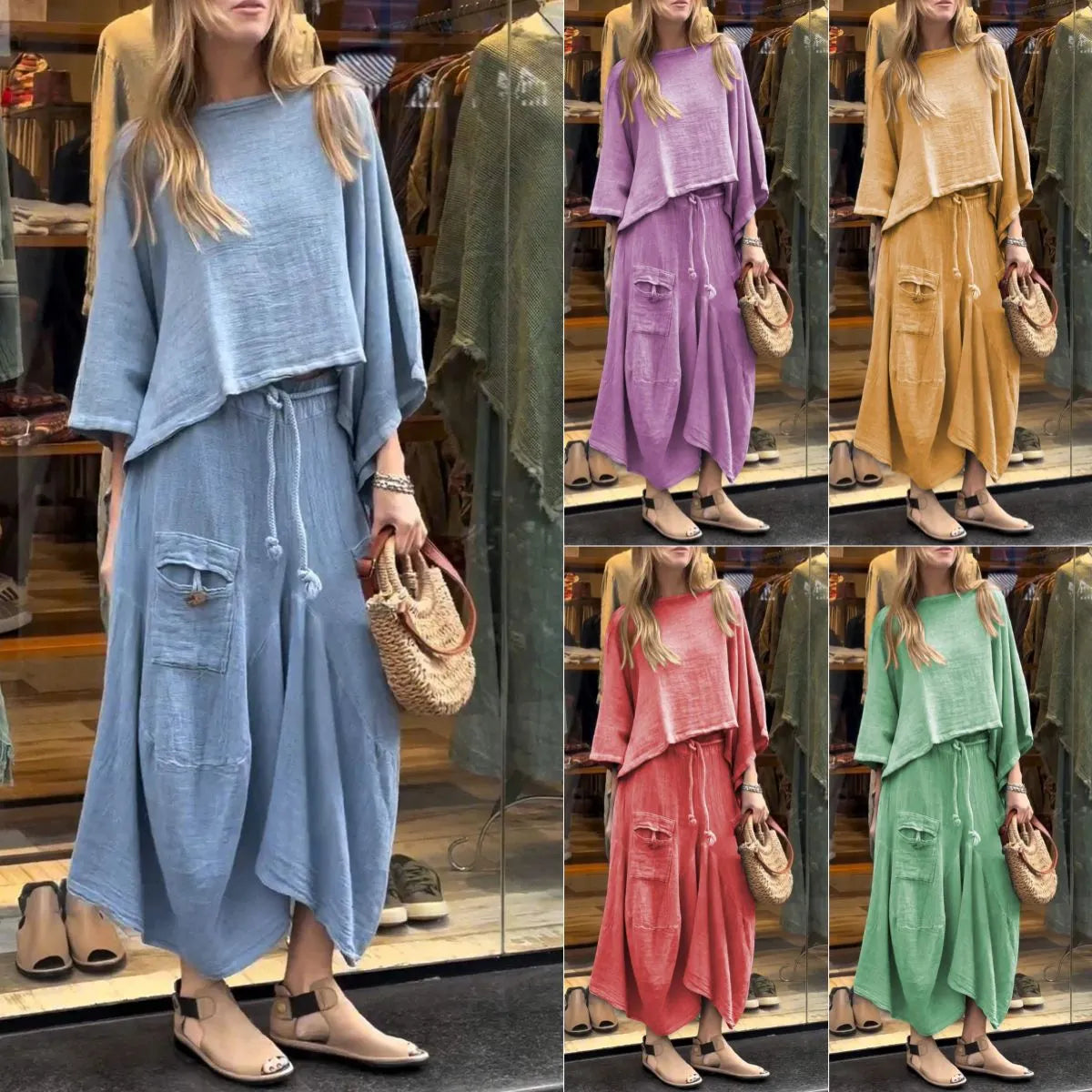 Women's Round Neck Mid-length Sleeve Casual Cotton and Linen Suit