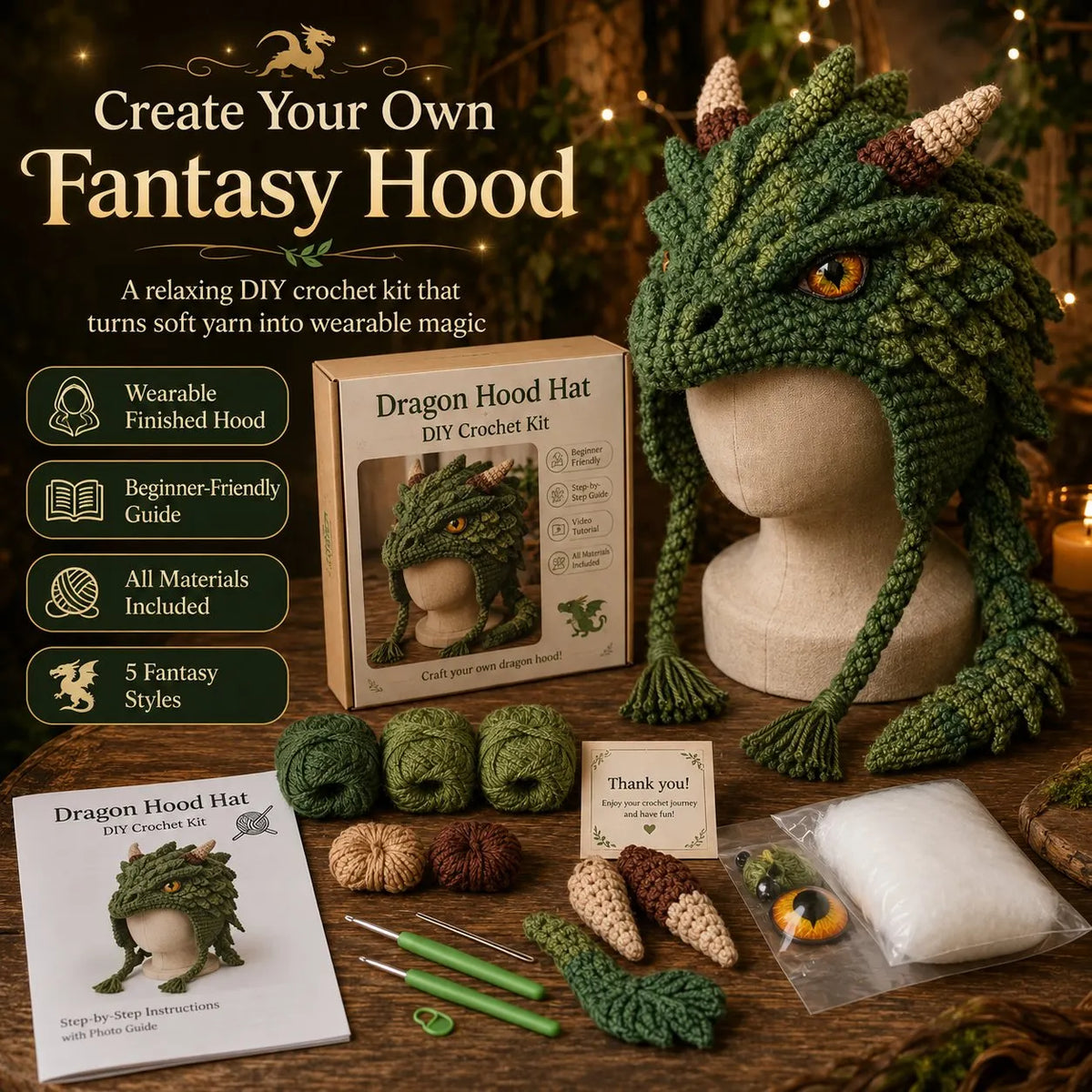 🔥HOT SALE🔥🐉✨ Fantasy Hood Hat DIY Crochet Kit | Premium Soft Yarn Materials with Step-by-Step Guide DIY Handmade Wearable Character Hood 🧶🎭✨
