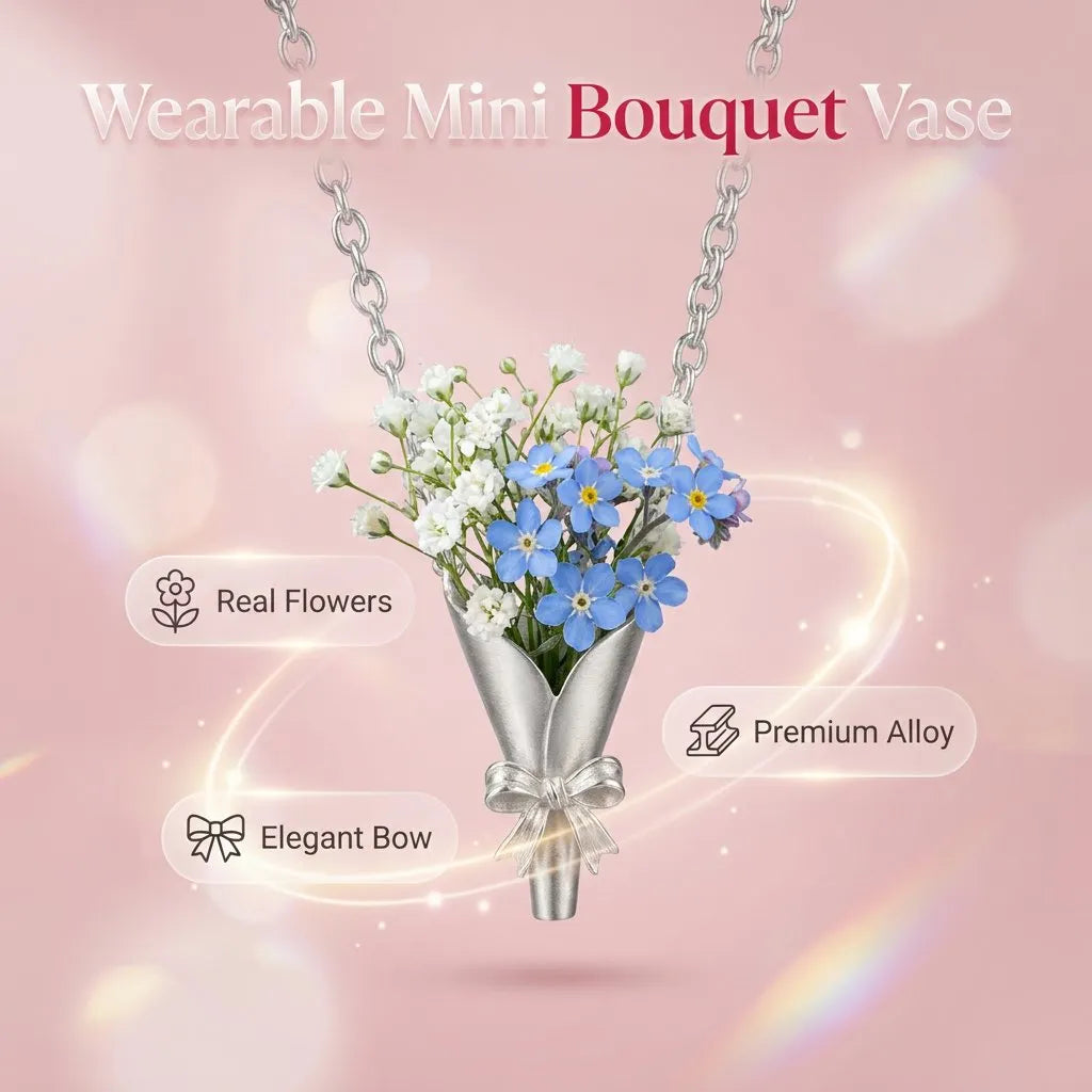 🔥HOT SALE🔥💐Wearable Vase Necklace, Mini Bouquet Pendant with Bow🎀, Real Flower Container Necklace, Romantic Commemorative Jewelry Gift, A Gift for Her🌷
