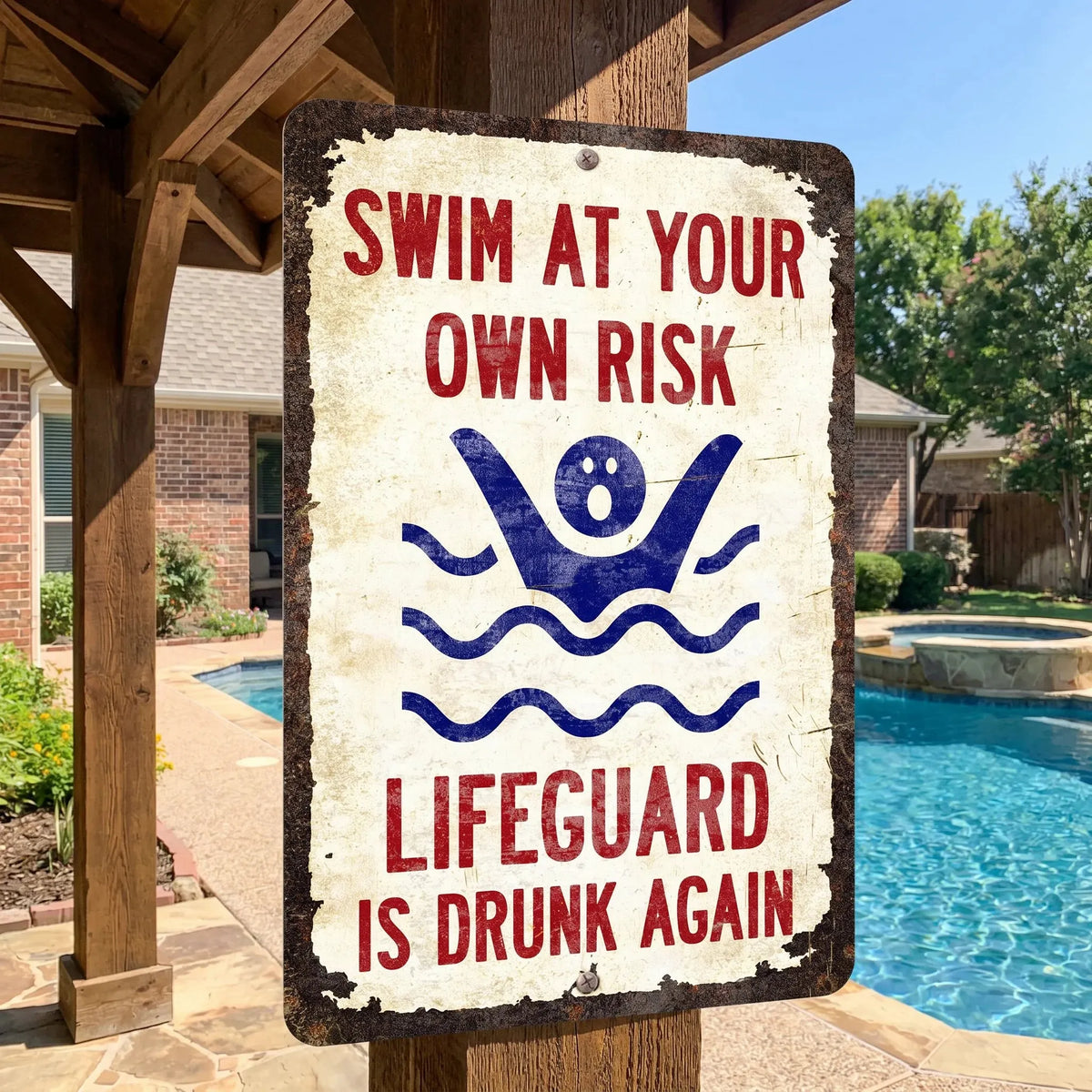 🔥LAST DAY 50% OFF - 🏊Vintage "Lifeguard Is Drunk Again" Pool Sign – Funny Metal Pool Wall Decor 😂🍻