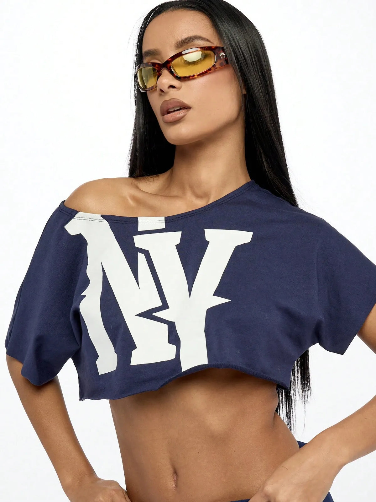 WOMEN Off Shoulder NY Logo Slouchy Crop Tee Athletic Varsity Sports Fan Streetwear Workout Fashion Athleisure Cropped T-Shirt Summer Urban Style