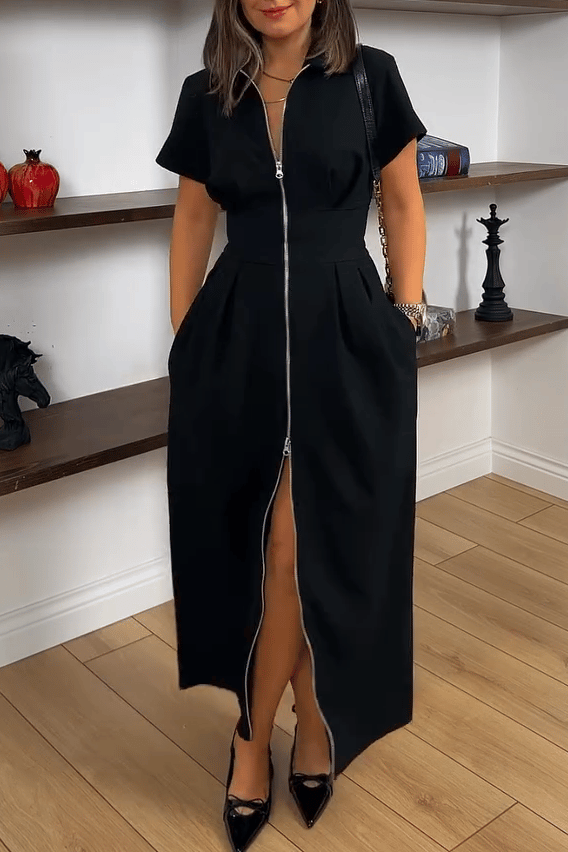 Women's Casual Double-head Zipper Short-sleeved Lapel Dress