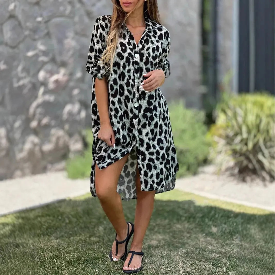 Casual Leopard Print Button-Down Dress