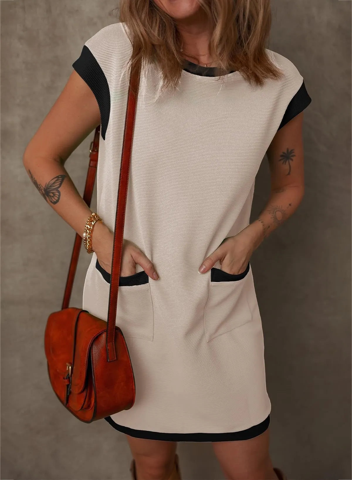 ๐ Casual Cap Sleeve Color Block Shift T-shirt Dress with Pockets ๐ฅ