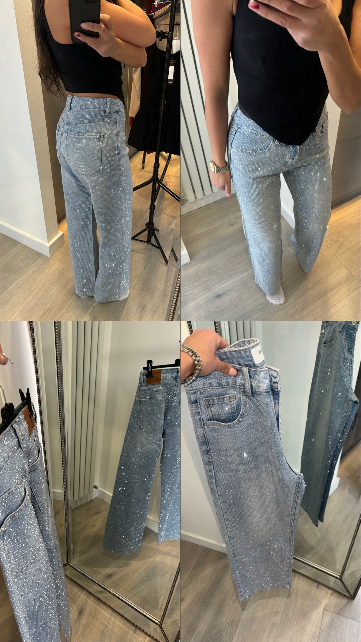 full diamanté embellished straight leg blue denim jeans