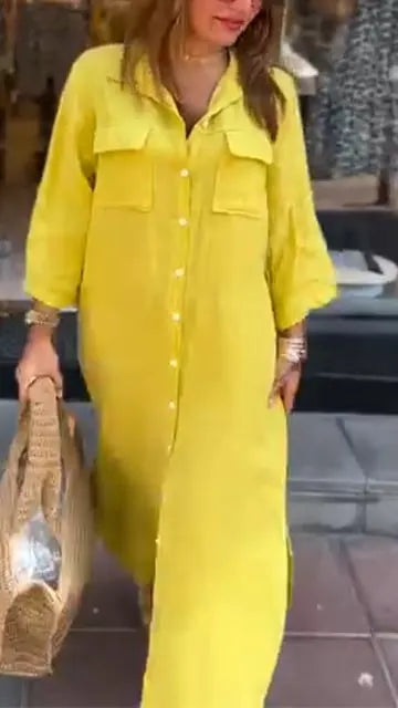 Solid Color Button Down Slit Loose Casual Shirt Dress