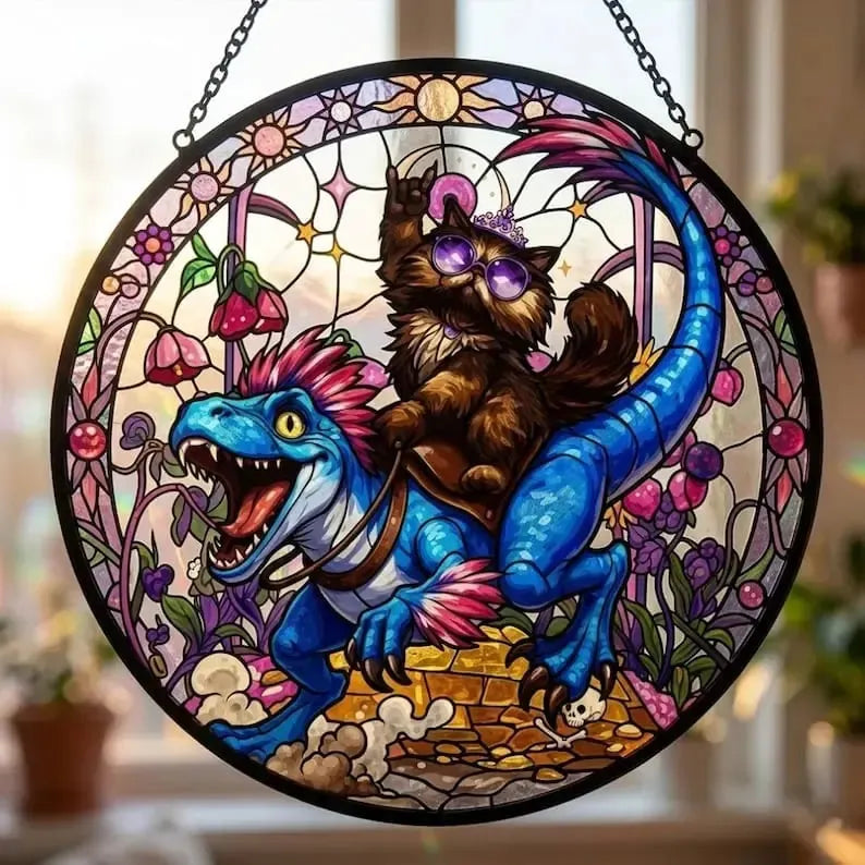 🦖Stained Glass Dungeon Cat & Velociraptor Suncatcher✨ – Fantasy Window Hanging, Geeky Cat Lover Home Decor, LitRPG Book Reader Gift For Crawlers