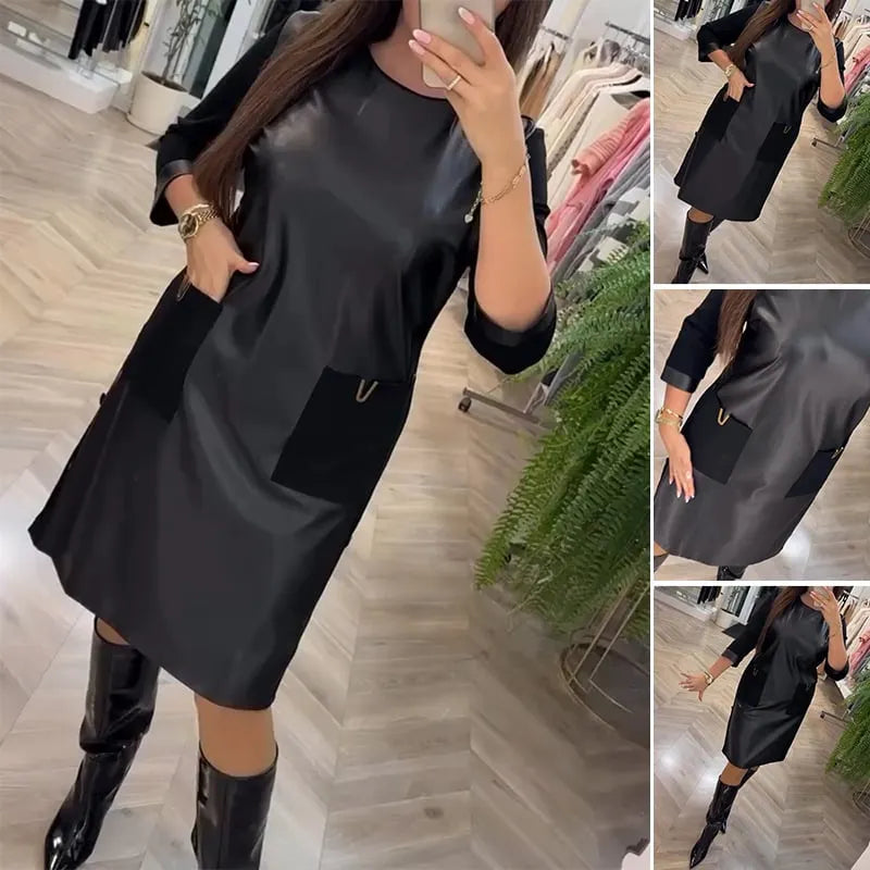 Round Neck Leather Patchwork Back Zipper Mid-Length Dress