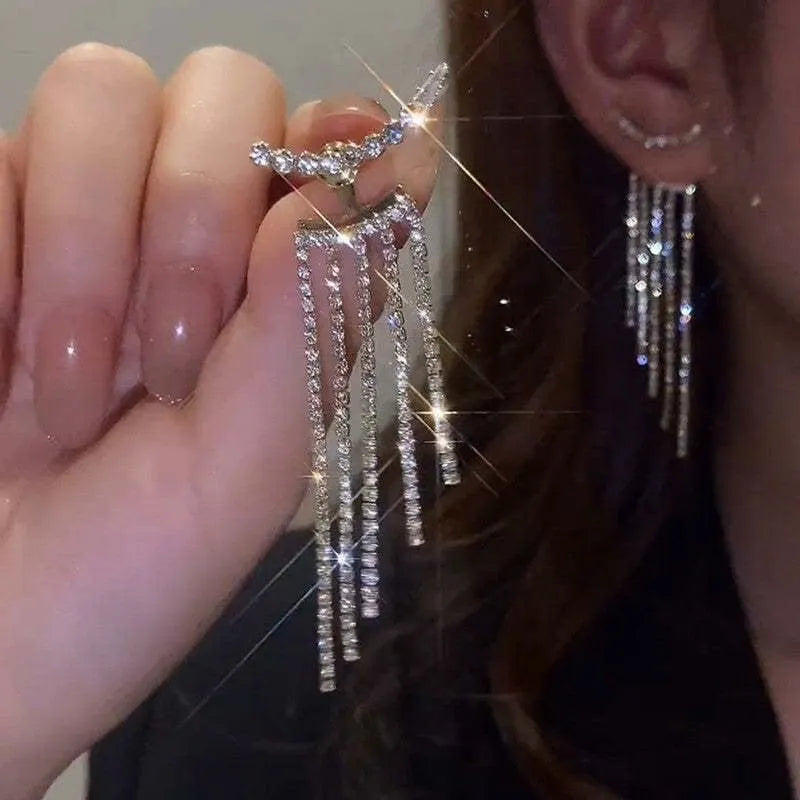 SPARKLING CURVED RHINESTONE LONG TASSEL EARRINGS