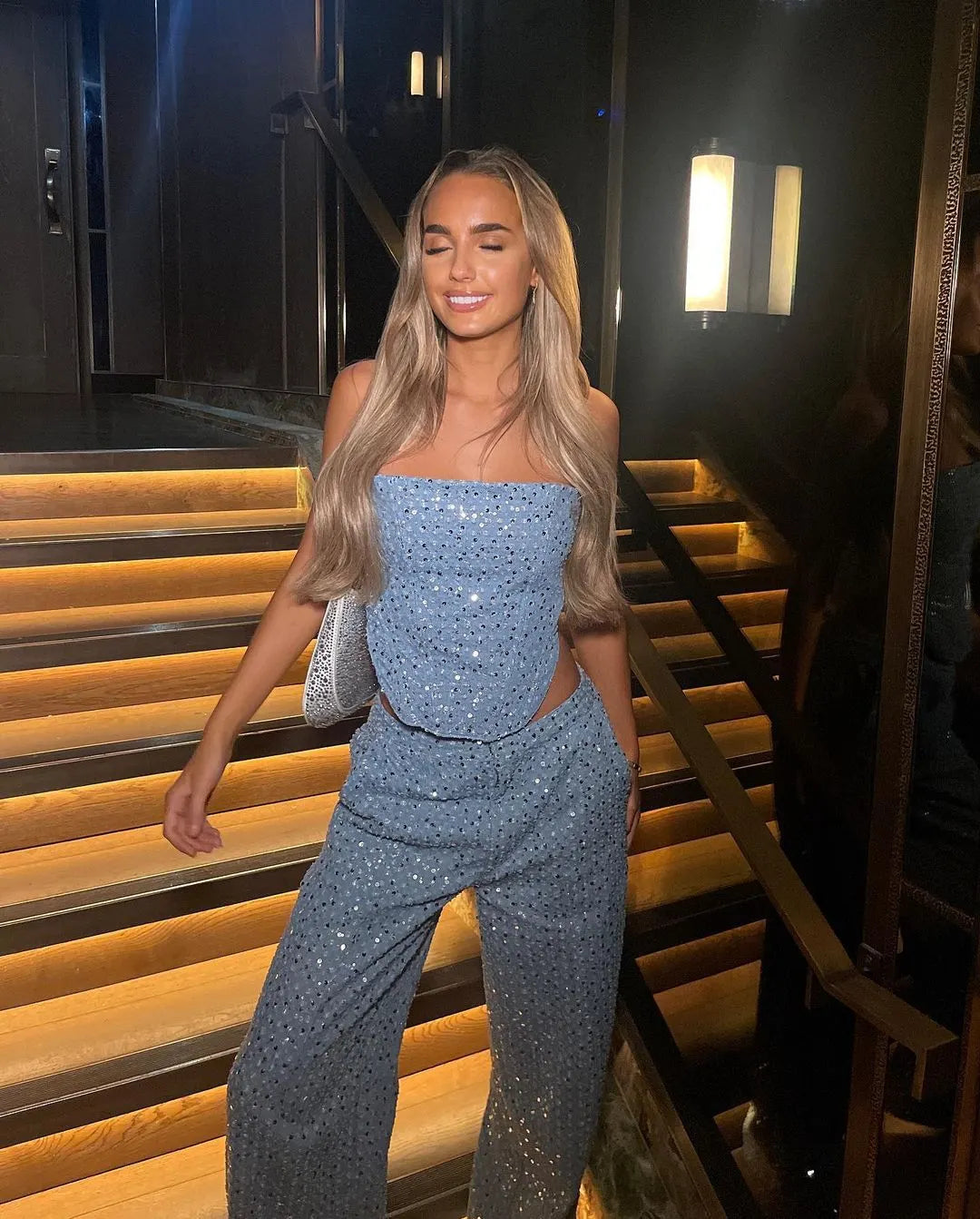 Sexy Sequin Strapless Top and Wide-Leg Pants Set