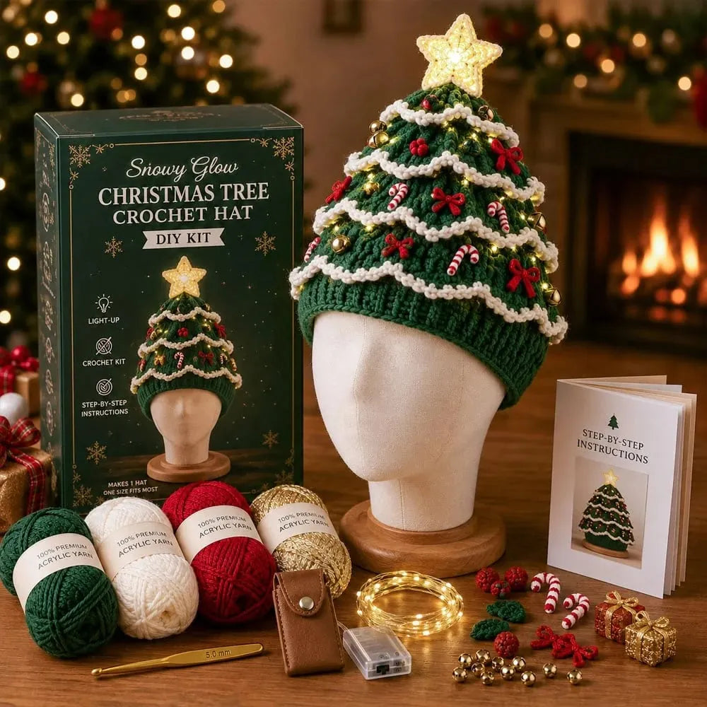 🎉🎄Beginner-Friendly Light-Up Christmas Tree Crochet Hat DIY Kit | Complete Kit with Coordinated Yarn, LED Lights & Step-by-Step Guide Included 💕