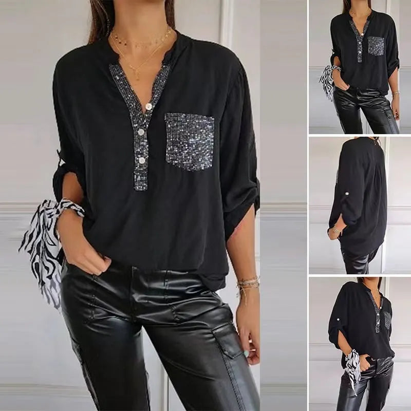 Sequin Patchwork V-neck Shirt