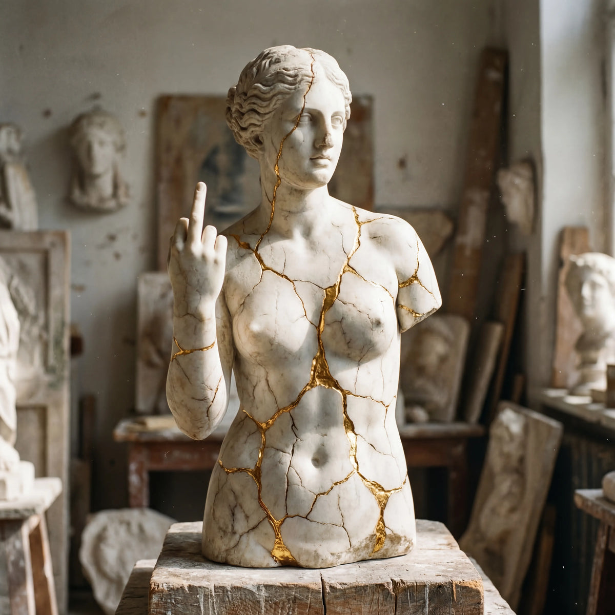Broken but Unbothered – Golden Repair Attitude Sculpture