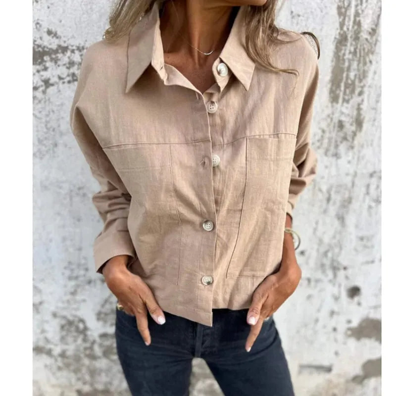 (BUY 2 FREE SHIPPING) Women's Cotton-Linen Double-Pocket Blazer-Style Lapel Shirt