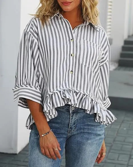 Summer Top🌞 Ruffled Hem 3/4 Sleeve Button-Down Striped Shirt