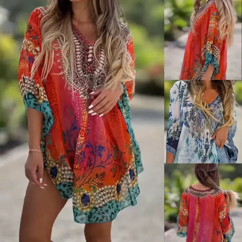 💐Asymmetric women's dress with V-neck and loose cut
