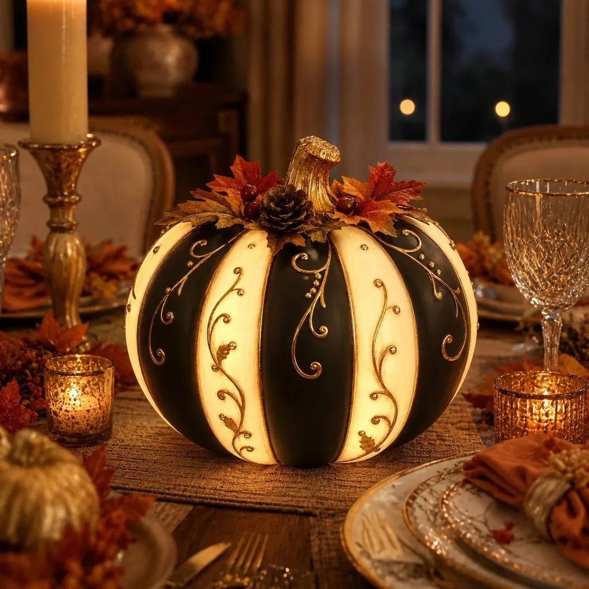 🎉Lighted Black & Ivory Pumpkin Decor with Remote