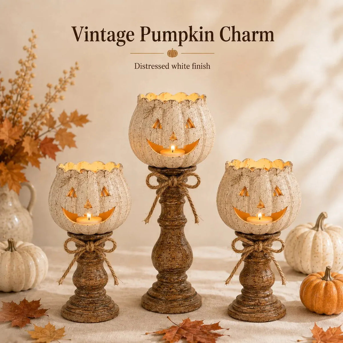 🕯 Set of 3 Rustic White Pumpkin Tealight Candle Holders | Layered Farmhouse Fall Decor For Halloween & Thanksgiving
