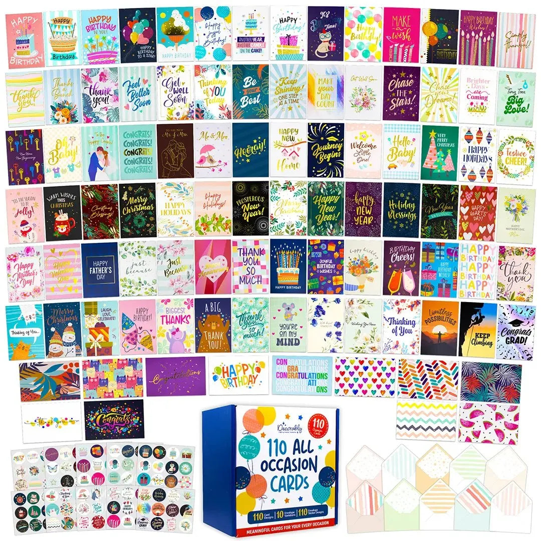 🎁 110 All Occasion Greeting Cards Box Set with Envelopes & Sticker Seals – Birthday, Thank You, Holiday, Wedding, Graduation & Celebration Cards Collection